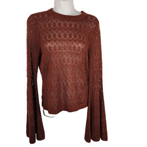 Shyanne Women Crochet Lace Bell Sleeve Sweater Brown Timesless Knit Sheer Medium